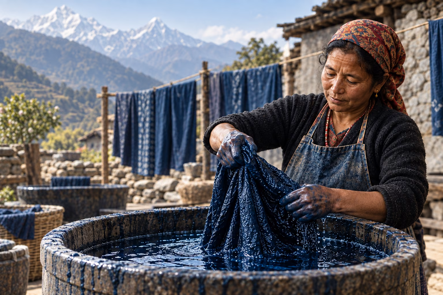 Hands working indigo cloth in a dye bath